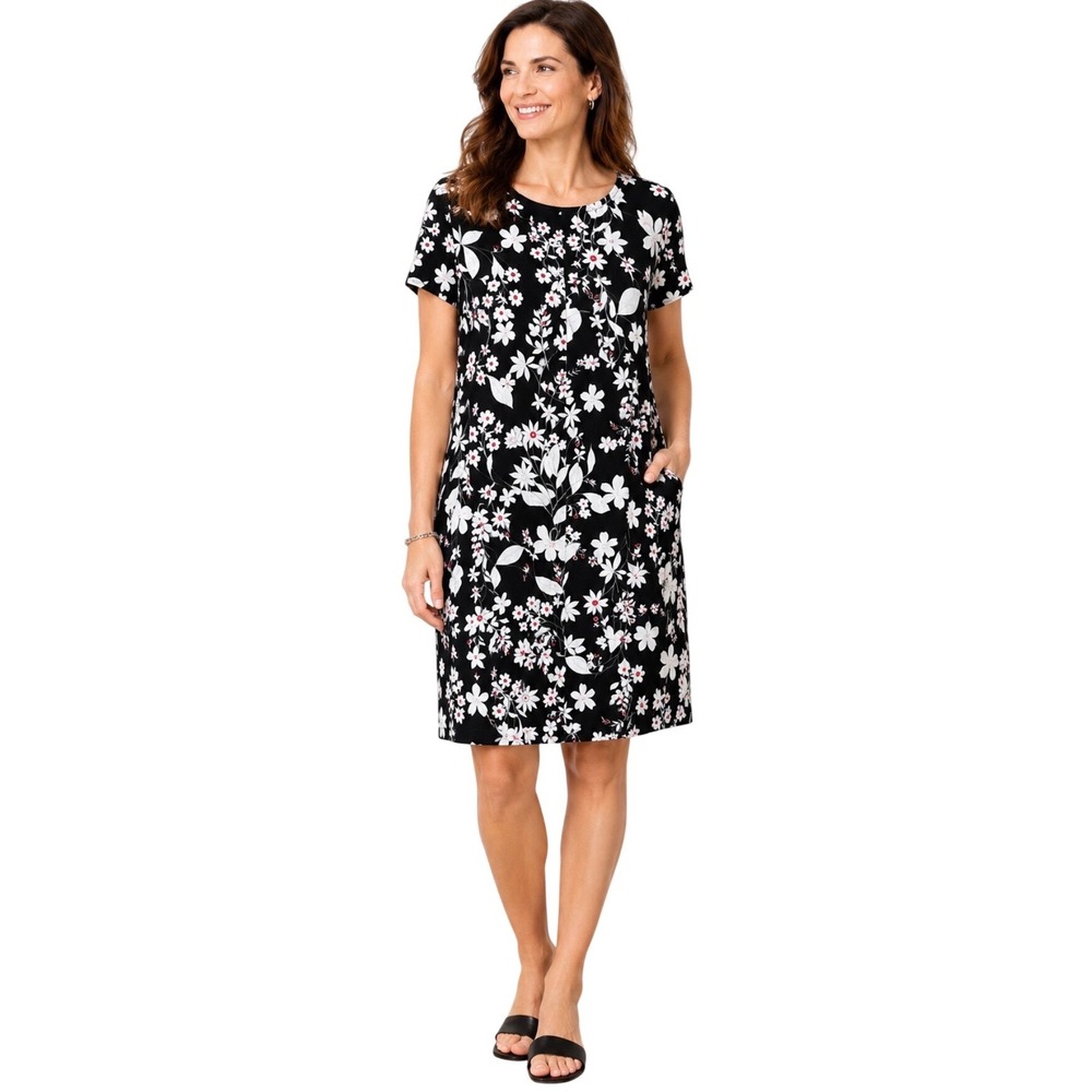 J. Jill Wearever Floral Knit Shift Dress Black White Red Petite Large